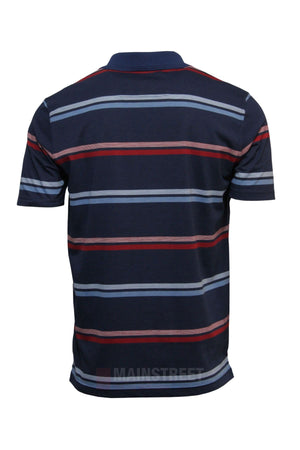 The Blue Horizon Striped Polo is a navy short-sleeve men's shirt with red, light blue, and white horizontal stripes, displayed from the back on a white backgroundβclassic style for any occasion.