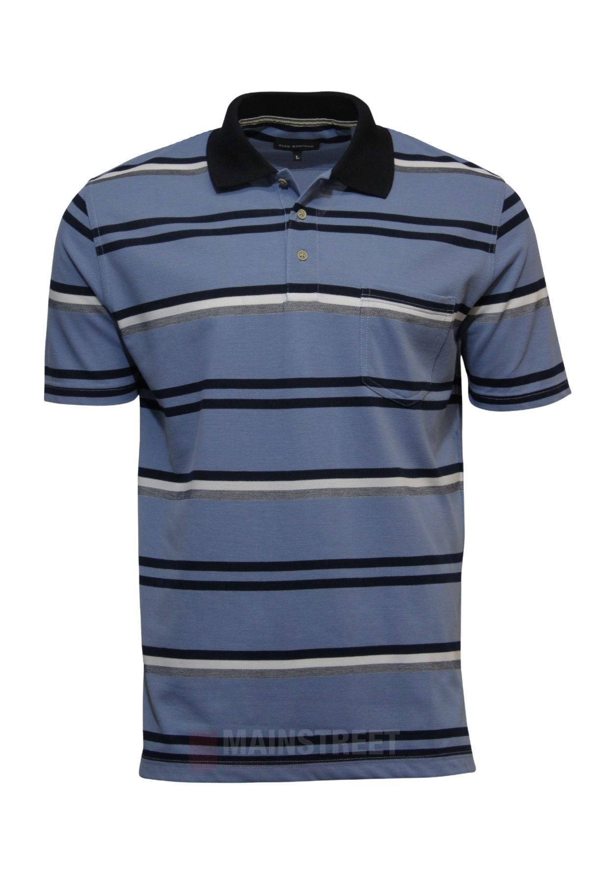 The Blue Horizon Striped Polo is a men's casual shirt with short sleeves, black, white, and gray horizontal stripes, a black collar, and a front chest pocket.