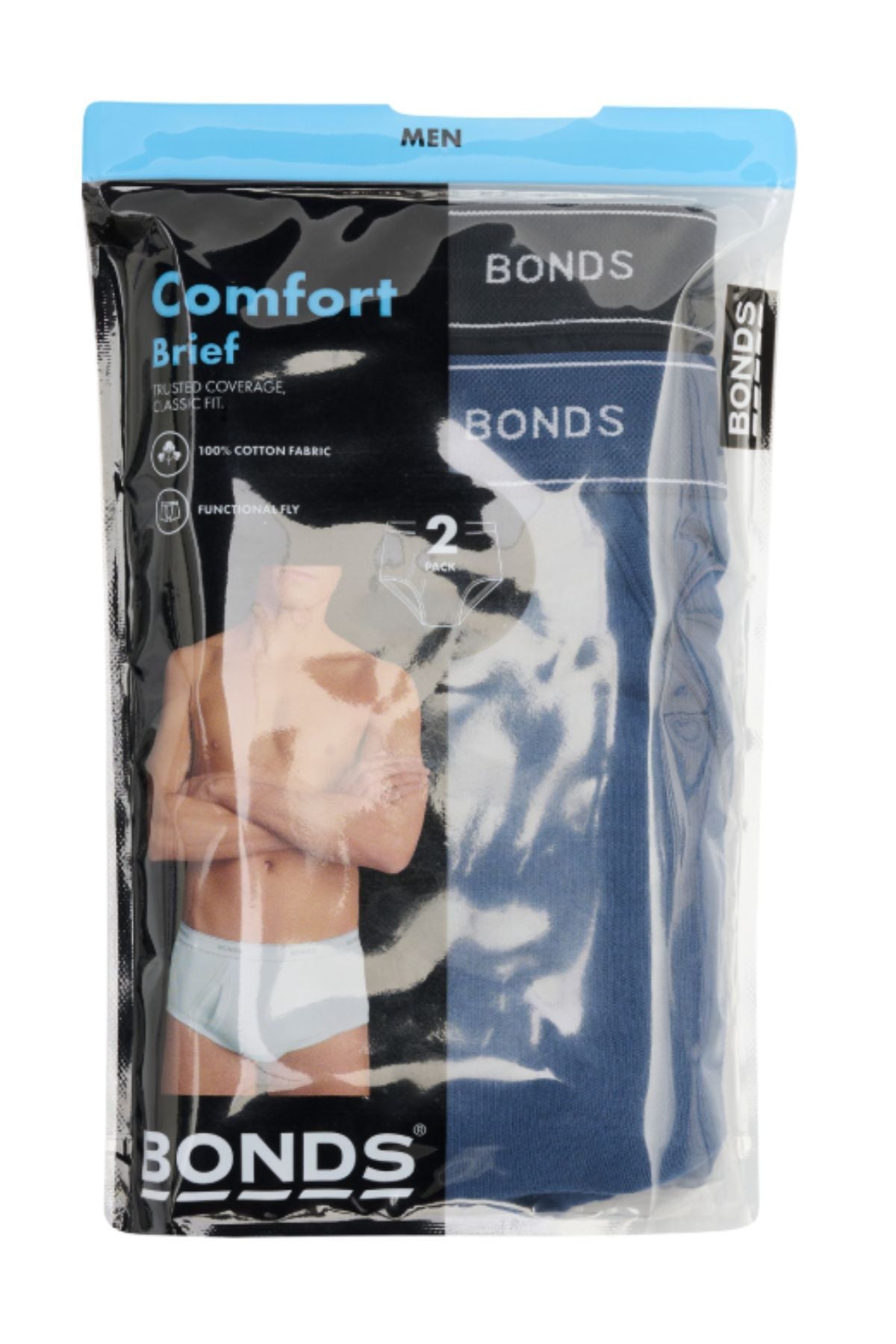 Bonds Comfort Brief 2PK for men includes two blue briefs visible in clear packaging, with a shirtless man in white briefs on the front—ideal for classic style and daily comfort.