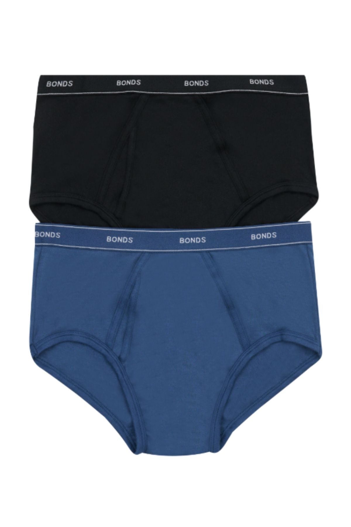Experience daily comfort with the Bonds Comfort Brief 2PK—two men’s briefs in black and blue, each with classic styling and a black elastic waistband featuring the white "BONDS" logo.
