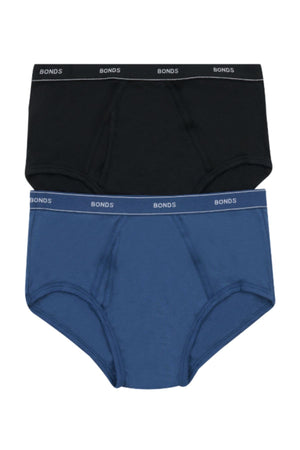 Experience daily comfort with the Bonds Comfort Brief 2PK—two men’s briefs in black and blue, each with classic styling and a black elastic waistband featuring the white "BONDS" logo.