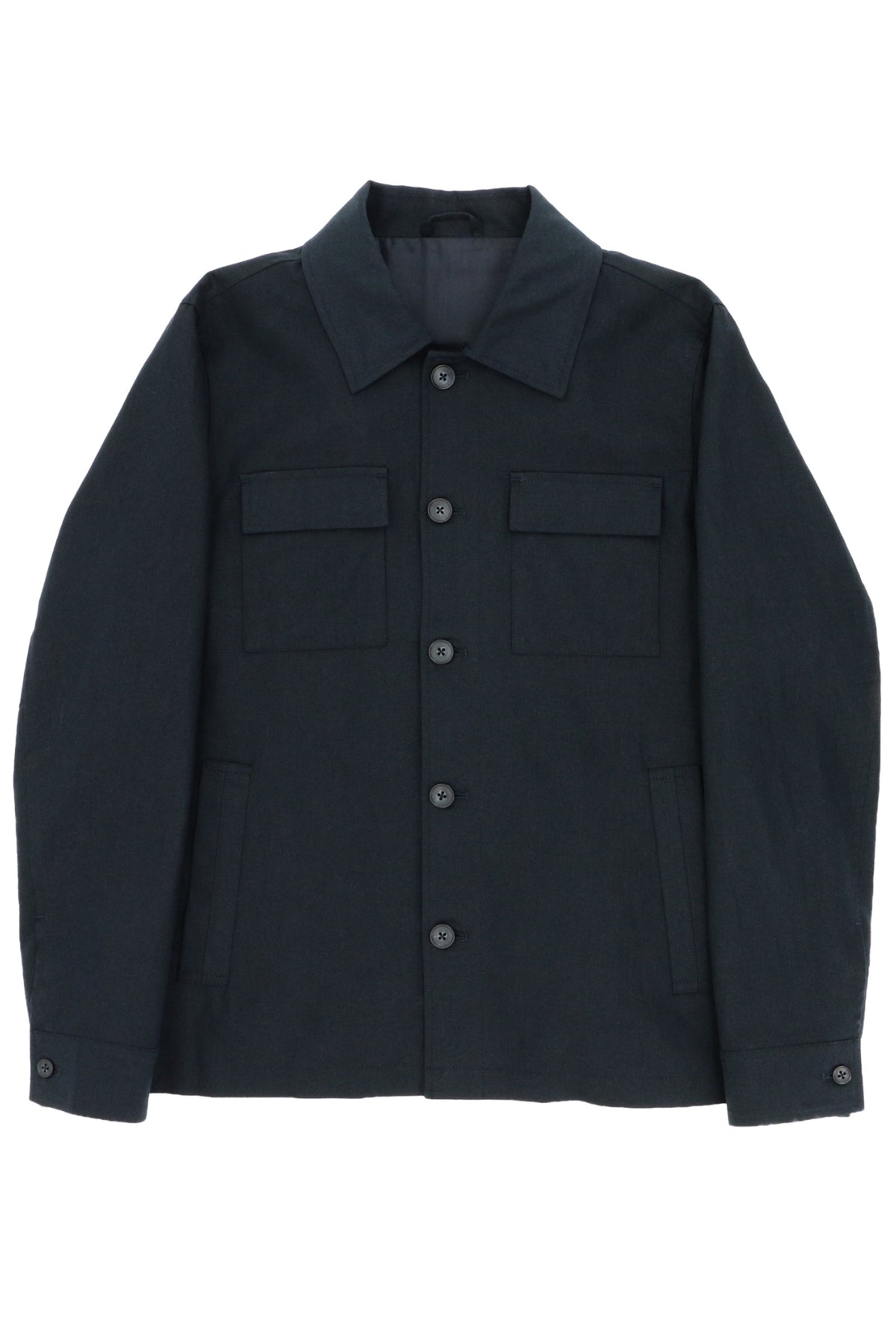 The Boston Chase Linen Cotton Jacket, a dark-colored and versatile piece featuring a button-up front, collar, two chest pockets with flaps, and two side pockets, is displayed against a white background.