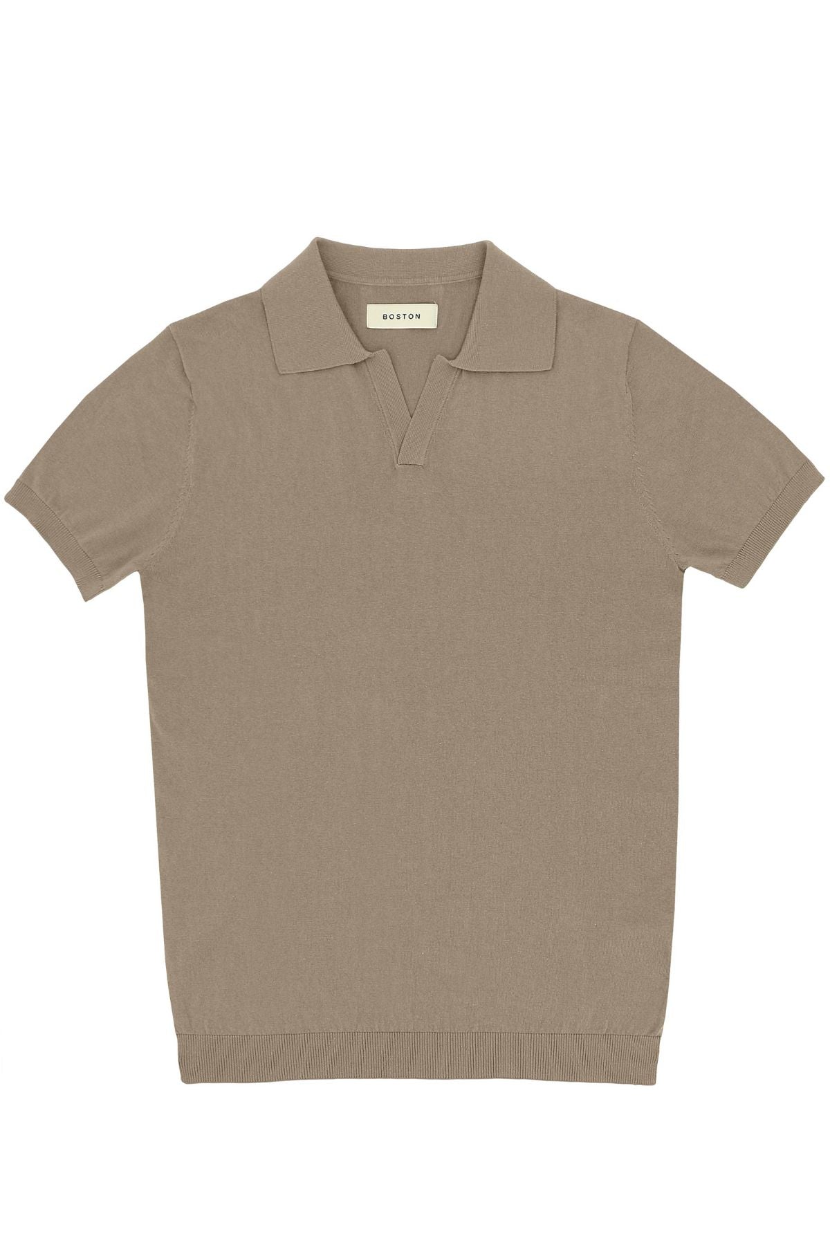The Boston Knit Polo Shirt is a short-sleeved cotton polo with a collar and V-shaped neckline in light brown, shown flat on a white background for a classic look.