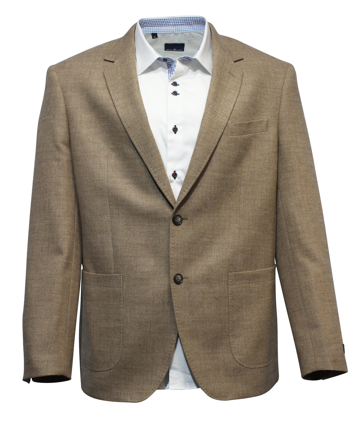 A tan Boston Prague Wool Sportscoat with two buttons, notch lapels, and two front pockets is displayed over a white dress shirt with dark buttons and a patterned inner collar. Comfort is ensured by its polyester lining.