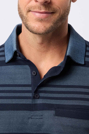 A man with light facial hair wears the Breakaway Ryle Micro Prima Polo, a men's blue polo with horizontal stripes, shown from the nose down to the chest.