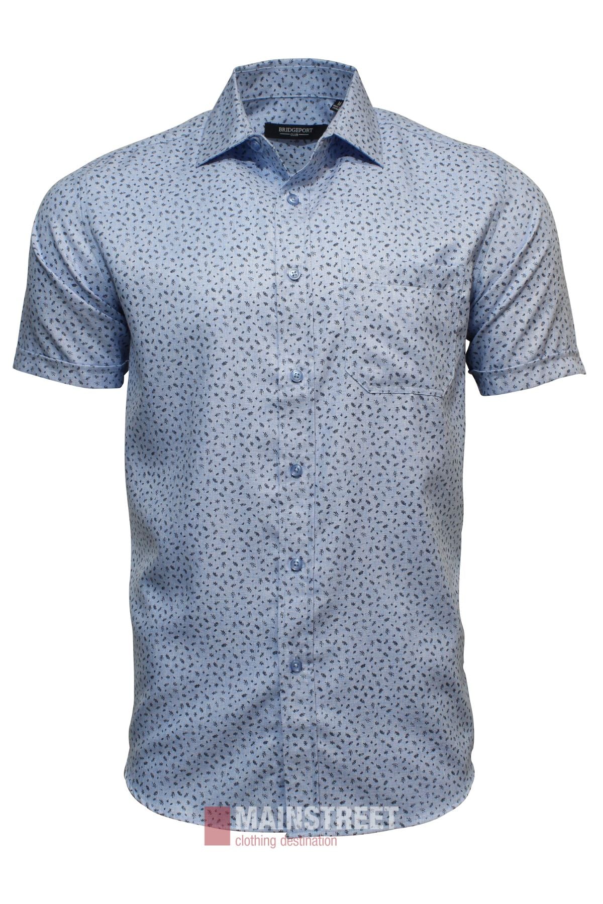 The Bridgeport Ultra Soft Short Sleeve Shirt comes in light blue with a small dark blue abstract print, chest pocket, and collar. This relaxed fit shirt is shown on a plain white background for a clear view of its design.