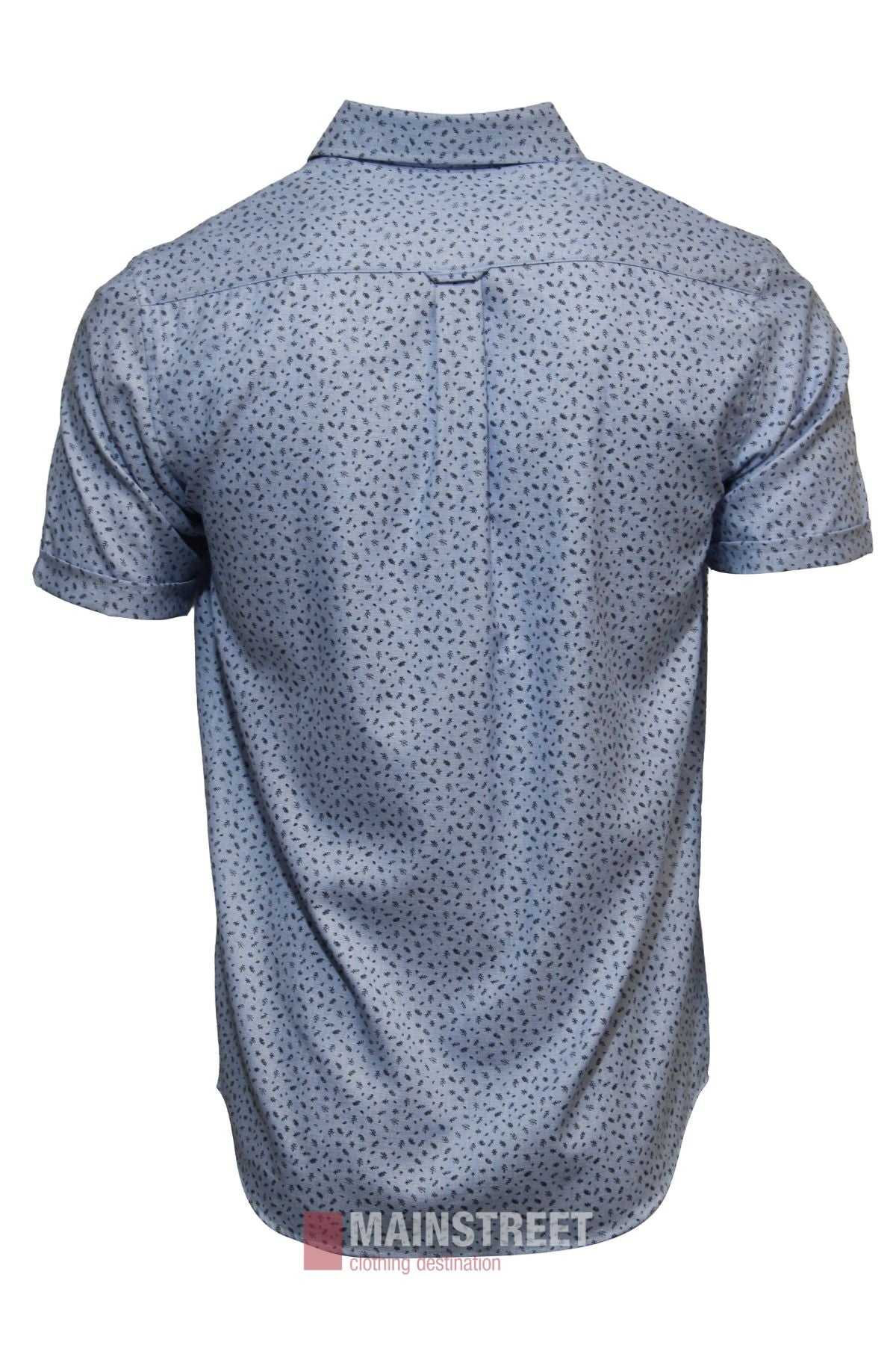 The Bridgeport Ultra Soft Short Sleeve Shirt, shown from the back on a white background, features a light blue color with a subtle dark dotted pattern, collar, central back seam, and relaxed fit for comfort.
