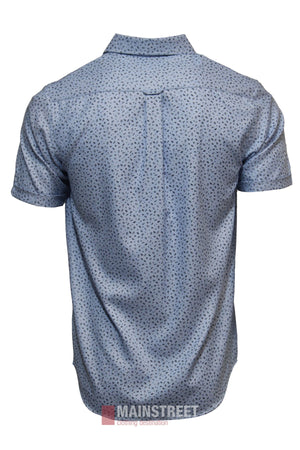The Bridgeport Ultra Soft Short Sleeve Shirt, shown from the back on a white background, features a light blue color with a subtle dark dotted pattern, collar, central back seam, and relaxed fit for comfort.