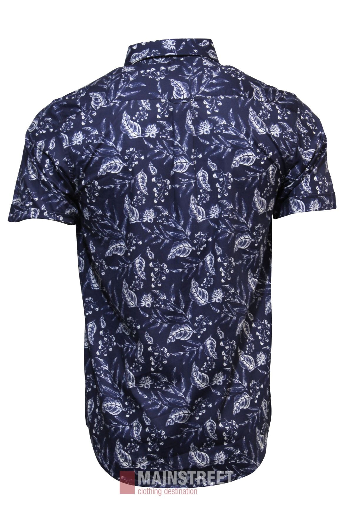 The Bridgeport Cotton Stretch Short Sleeve Shirt, shown from the back, features a navy blue base with a white floral and leaf pattern, short sleeves, a collar, tailored fit, and offers all-day comfort.