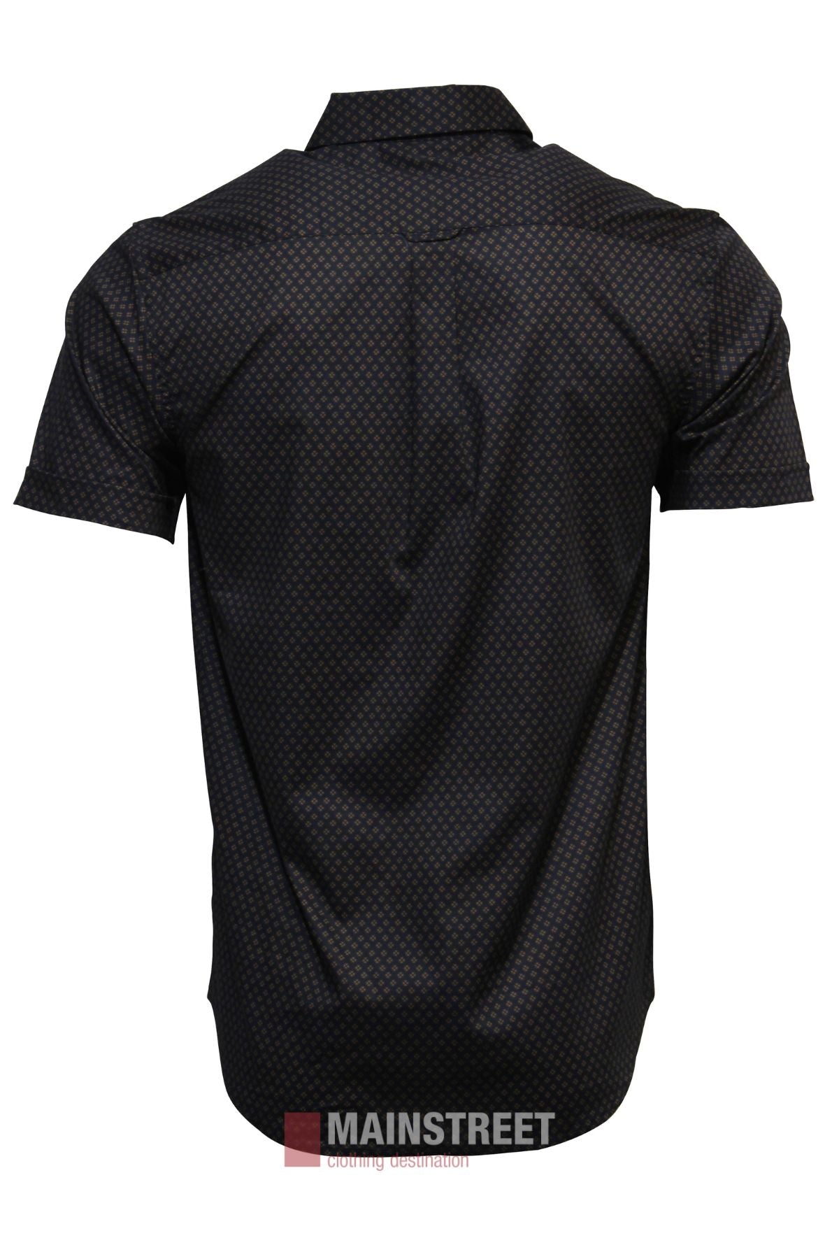 Back view of the Bridgeport Cotton Stretch Short Sleeve Shirt for men, shown in a dark color with a subtle small dot pattern. The shirt is displayed on a plain white background with the "MAINSTREET" logo at the bottom.