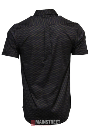 Back view of the Bridgeport Cotton Stretch Short Sleeve Shirt for men, shown in a dark color with a subtle small dot pattern. The shirt is displayed on a plain white background with the "MAINSTREET" logo at the bottom.