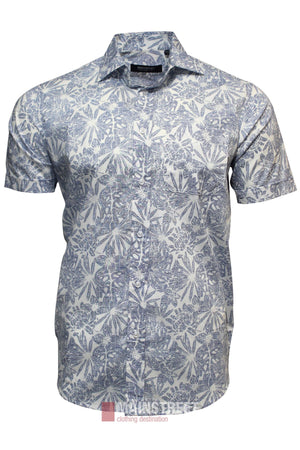 The Bridgeport Cotton Stretch Short Sleeve Shirt features a blue and white floral pattern, classic collar, and tailored fit, shown on an invisible mannequin.