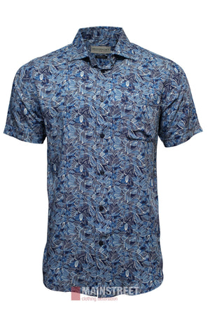 The Bridgeport Bamboo Short Sleeve Shirt features a blue and white tropical leaf pattern, button-up front, relaxed fit, and is shown on a plain white background.