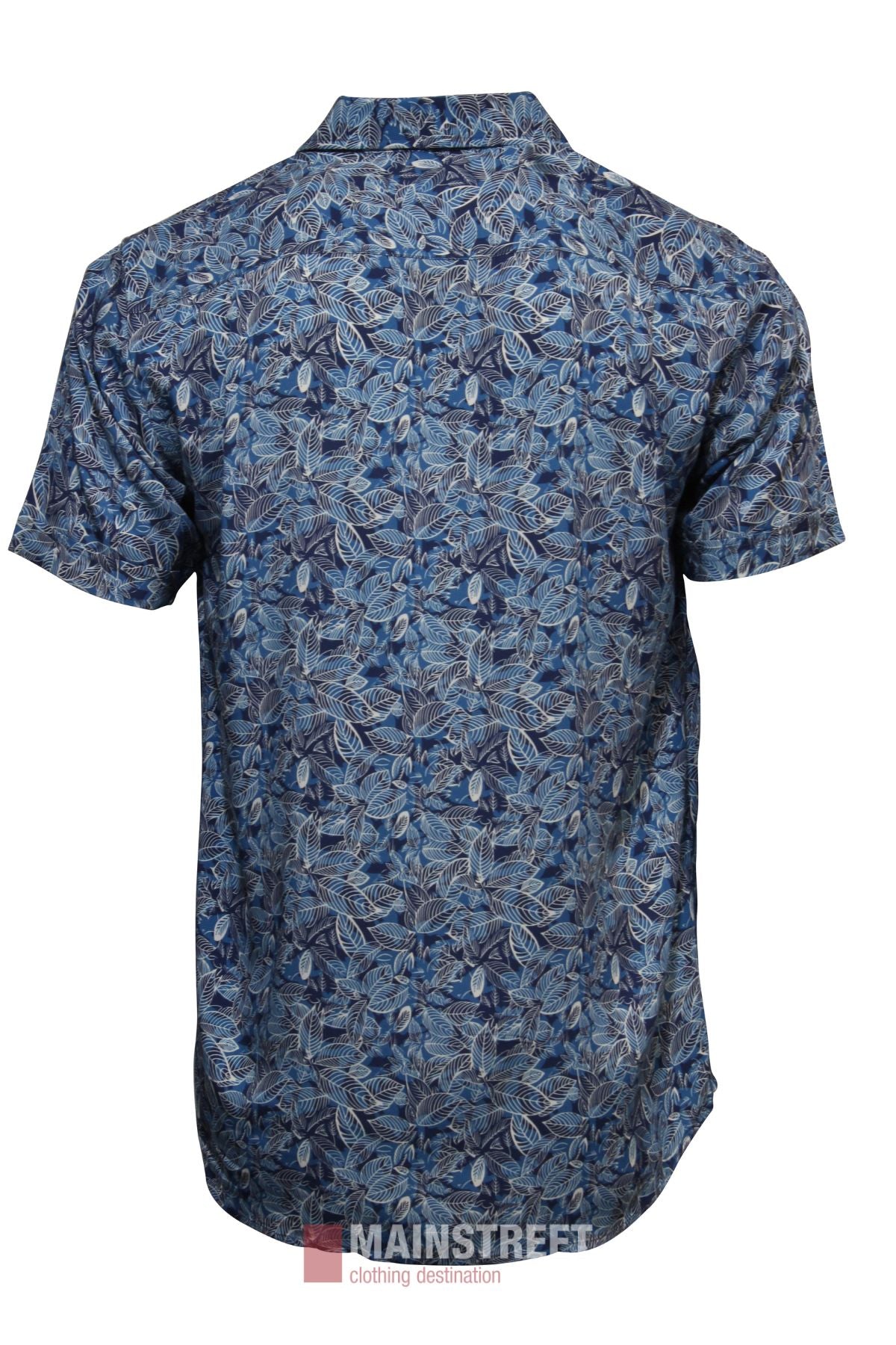 The Bridgeport Bamboo Short Sleeve Shirt features a blue and white tropical leaf pattern, shown from the back. The MAINSTREET clothing destination logo appears at the bottom, making this relaxed-fit shirt perfect for laid-back summer days.