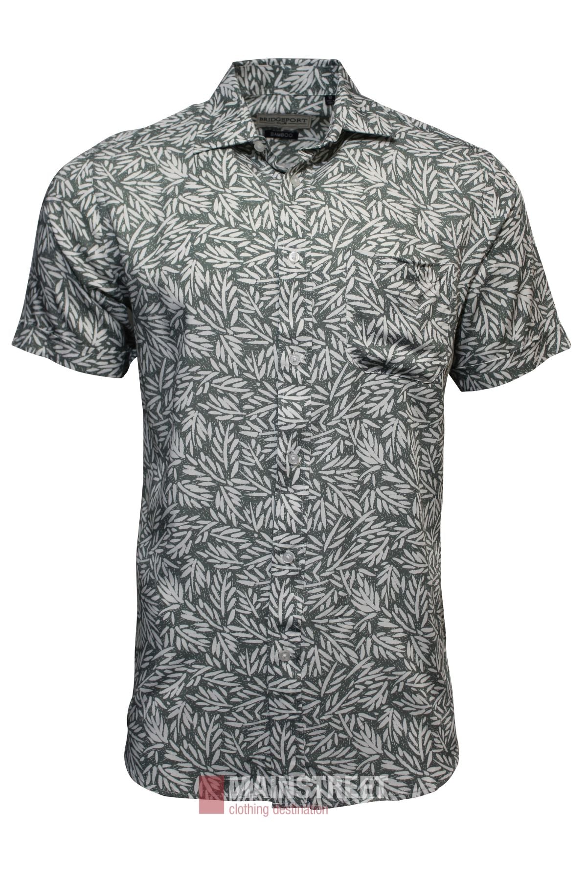 The Bridgeport Bamboo Short Sleeve Shirt offers a relaxed fit, dark background with white leaf print, soft bamboo fabric, short sleeves, a collar, and a chest pocket for easy style and comfort.