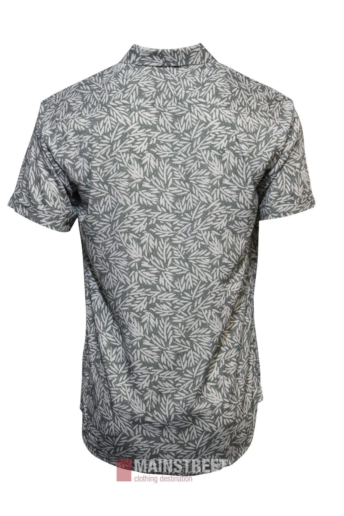 Bridgeport Bamboo Short Sleeve Shirt in gray, relaxed fit with white leaf pattern, shown from the back on a plain white background.