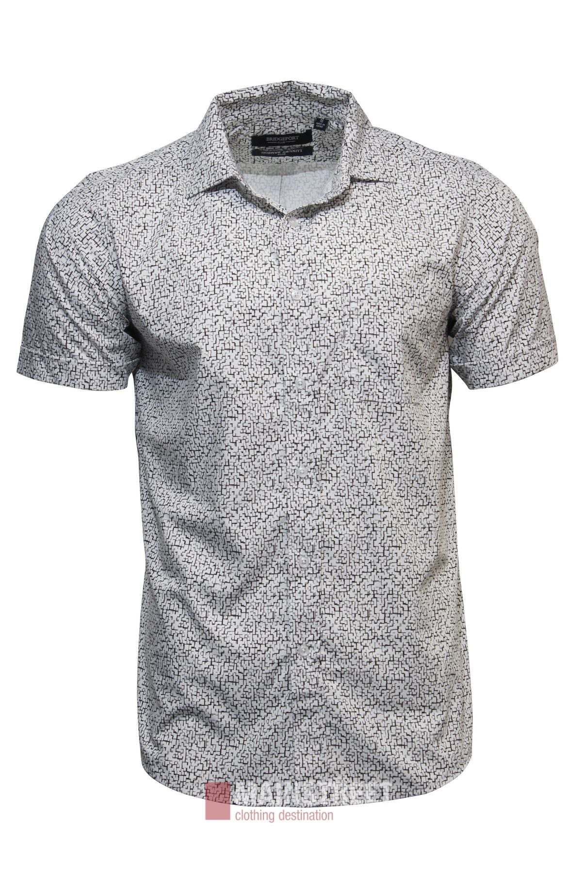The Bridgeport Bamboo Blend Short Sleeve Shirt is a light-colored men’s casual shirt featuring a subtle small black geometric pattern, made from a bamboo blend fabric and shown on a plain white background.