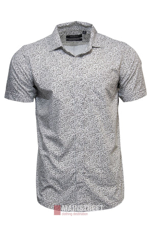 The Bridgeport Bamboo Blend Short Sleeve Shirt is a light-colored men’s casual shirt featuring a subtle small black geometric pattern, made from a bamboo blend fabric and shown on a plain white background.
