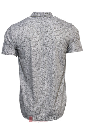 Back view of the Bridgeport Bamboo Blend Short Sleeve Shirt in light gray, featuring a subtle black geometric print. This men’s casual short sleeve shirt is shown against a plain white background.