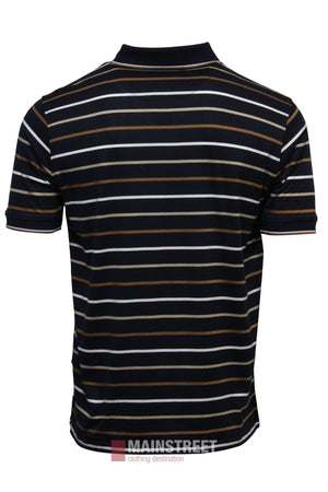 The Bridgeport Double Mercerised Polo Shirt is made from 100% cotton and features short sleeves with white, mustard, and brown horizontal stripes on a black background, shown from the back.