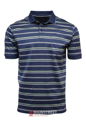 The Bridgeport Double Mercerised Polo Shirt is a men's navy blue polo with light blue, white, and green stripes. Made from 100% cotton, it features a collar, buttons, chest pocket, and is shown on a plain white background.