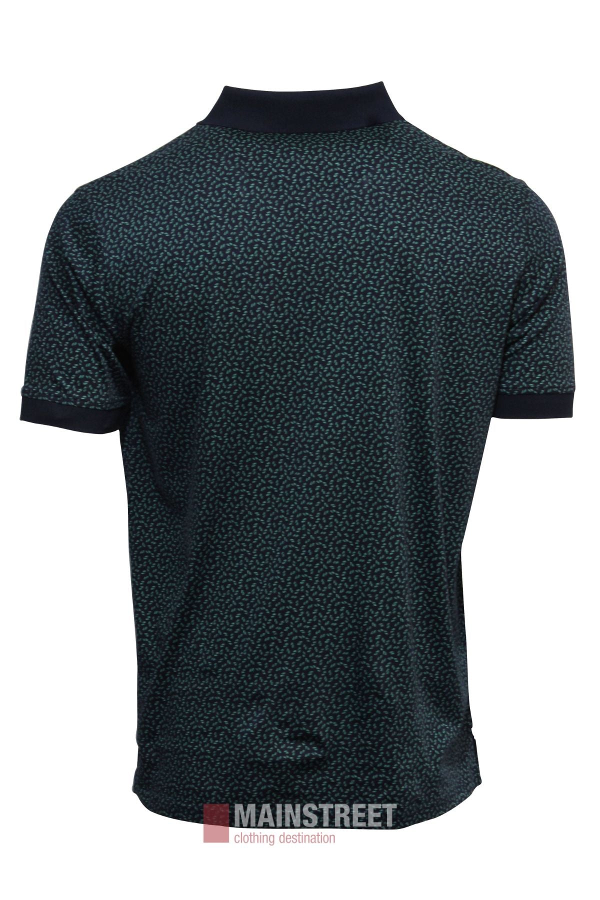 Back view of the Bridgeport Double Mercerised Polo Shirt, a short-sleeve, dark 100% cotton polo with a subtle small print pattern and black collar/sleeve edges. The MAINSTREET logo is at the bottom center.