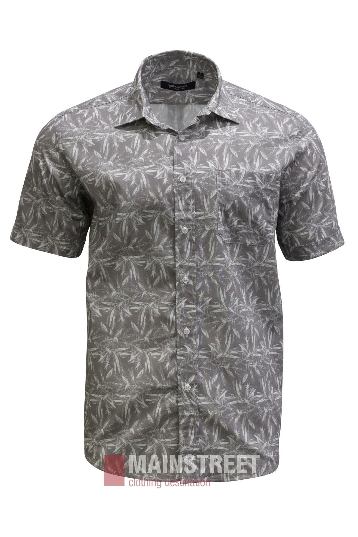 Bridgeport Luxe Premium Cotton Short Sleeve Shirt in grey with a white leaf print and a chest pocket.