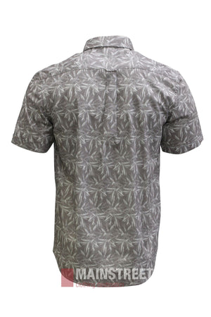Back view of the Bridgeport Luxe Premium Cotton Short Sleeve Shirt in grey, featuring an all-over white leaf pattern.