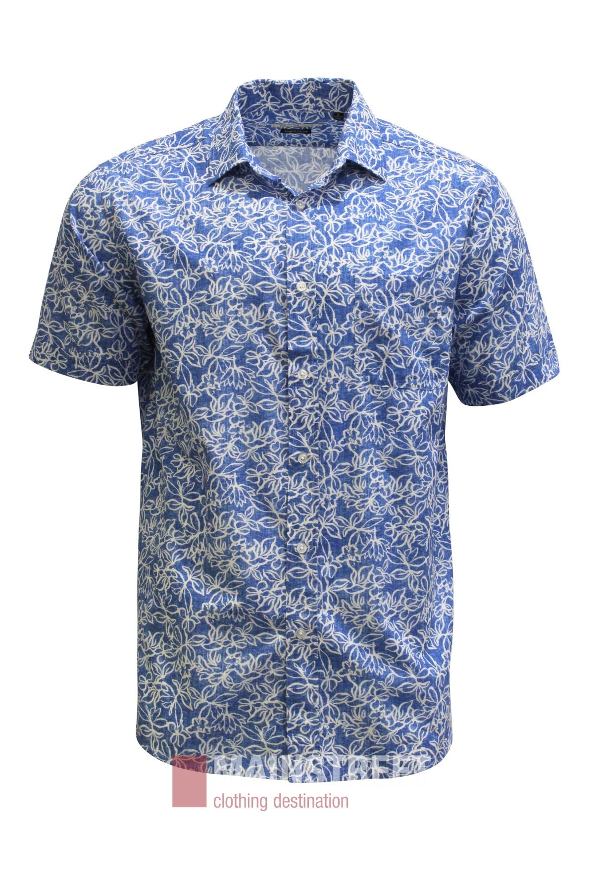 Bridgeport Luxury Soft Touch Bamboo Cotton Short Sleeve button-up shirt in blue with a white leaf pattern and a soft-touch bamboo cotton blend.