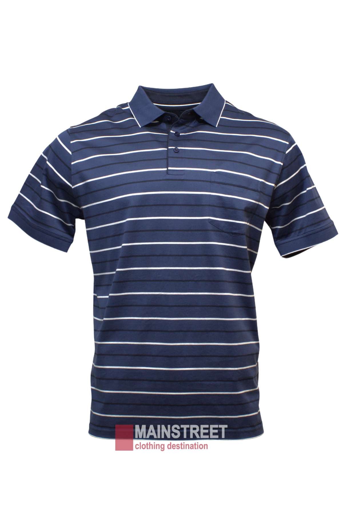 The Bridgeport Club Mercerised Polo is a navy blue, short-sleeved, 100% cotton polo with white and light blue stripes, buttoned neckline, collar, and the Mainstreet logo at the hem, shown on a white background.