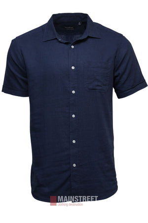 The Bridgeport Linen Blend Short Sleeve Shirt for men in navy features a chest pocket, white buttons, a collar, and the "Mainstreet" logo on a white background at the hem.