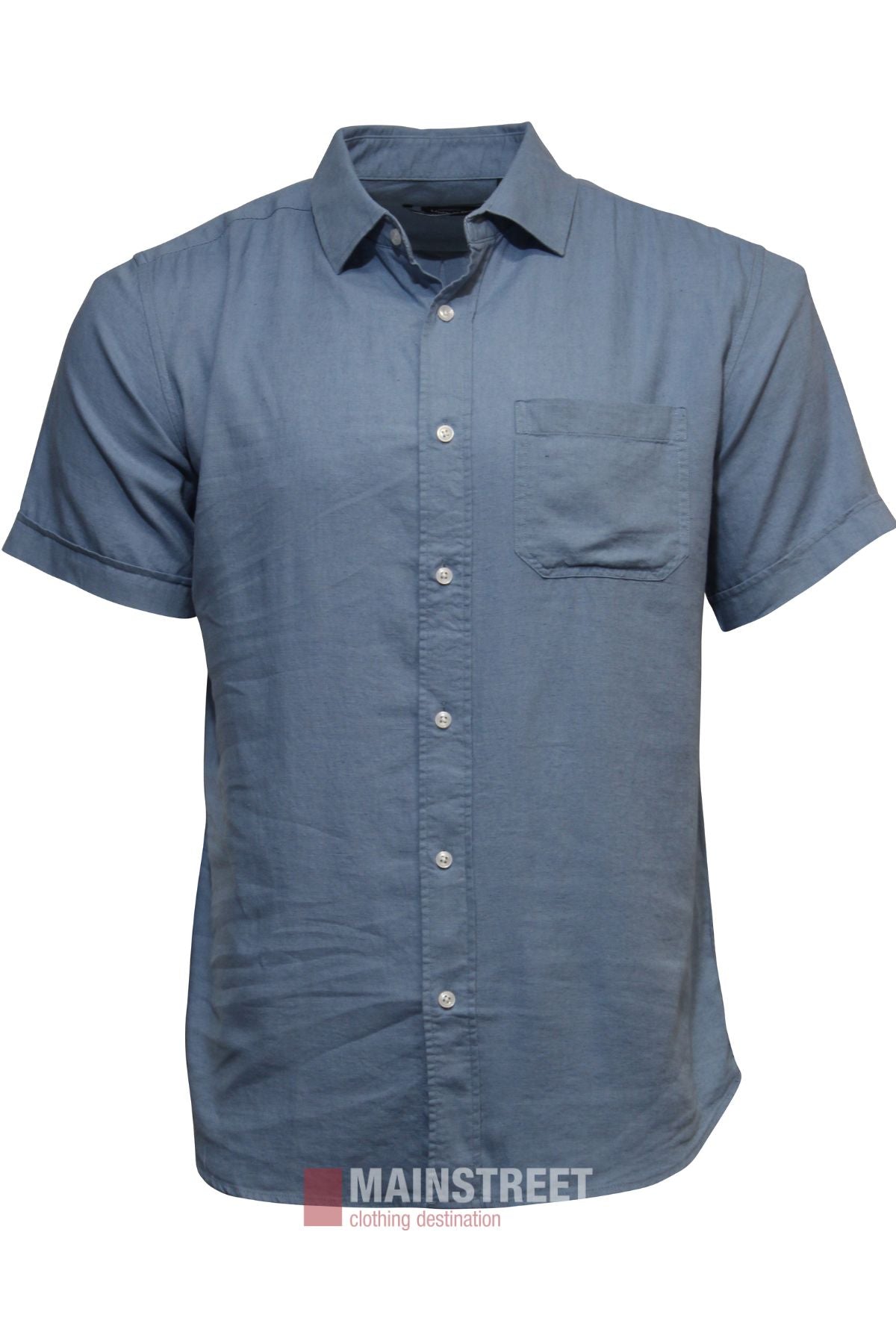 The Bridgeport Linen Blend Short Sleeve Shirt for men in light blue features a button-up front, chest pocket, and collar. Shown on a white background, this casual shirt delivers effortless style for any occasion.