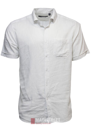 The Bridgeport Linen Blend Short Sleeve Shirt, shown on a white background, features a chest pocket and open collar. Its relaxed fit and classic white color make it a versatile addition to any casual wardrobe.