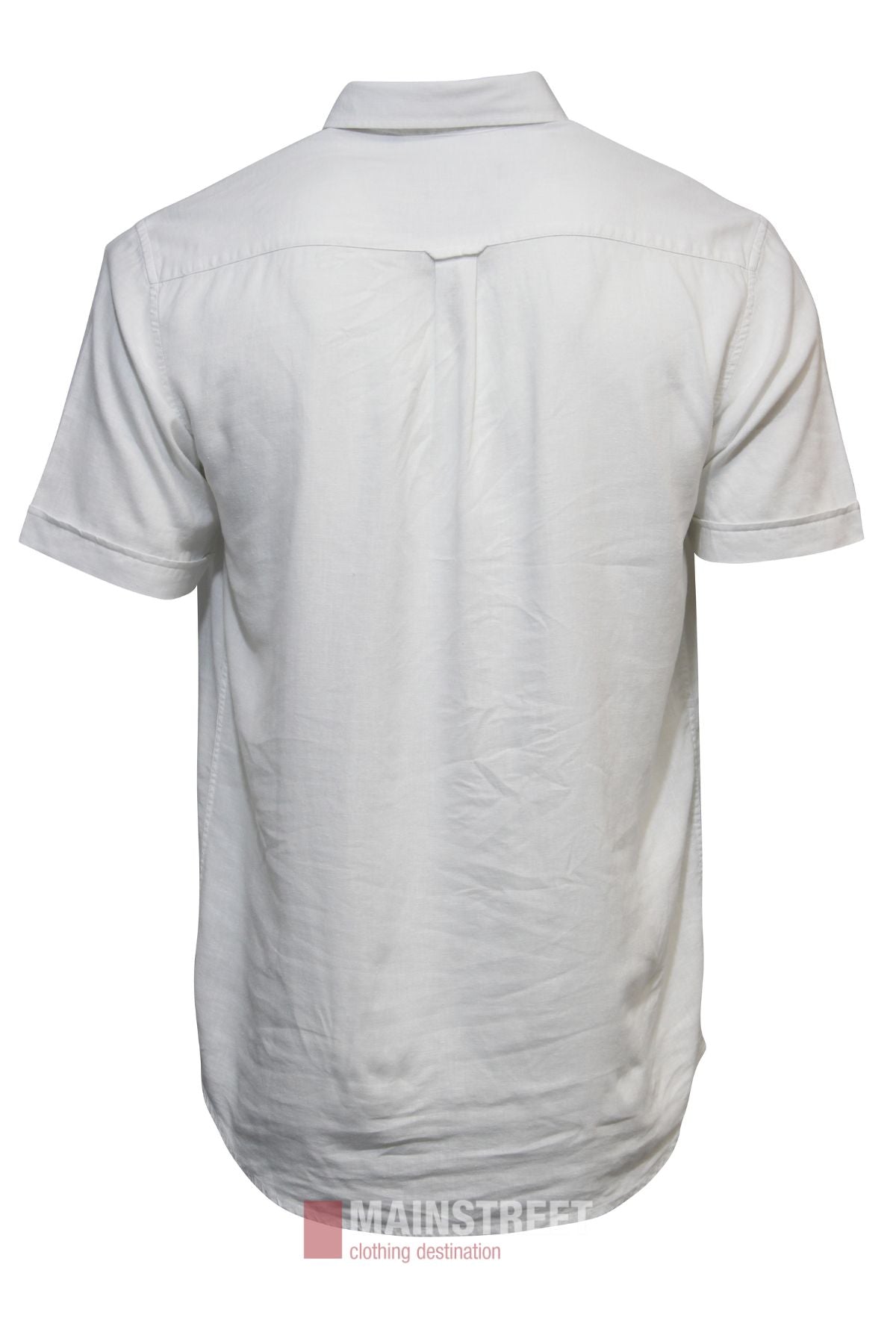 The Bridgeport Linen Blend Short Sleeve Shirt, in plain white, features a simple collar, visible seams, and a slightly wrinkled texture. Shown from the back on a white background, it's an easygoing addition to any casual wardrobe.