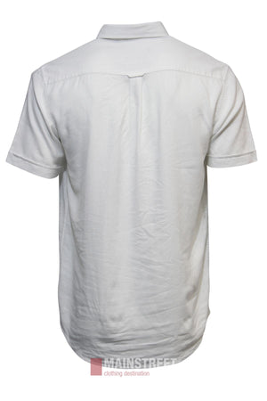 The Bridgeport Linen Blend Short Sleeve Shirt, in plain white, features a simple collar, visible seams, and a slightly wrinkled texture. Shown from the back on a white background, it's an easygoing addition to any casual wardrobe.