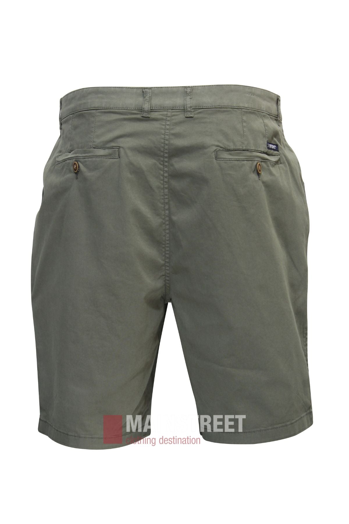 Back view of Bridgeport Le Short Stretch Comfort Fit in olive green, featuring buttoned back pockets and a small black label on the right pocket, displayed on a white background. Ideal for everyday comfort and style.
