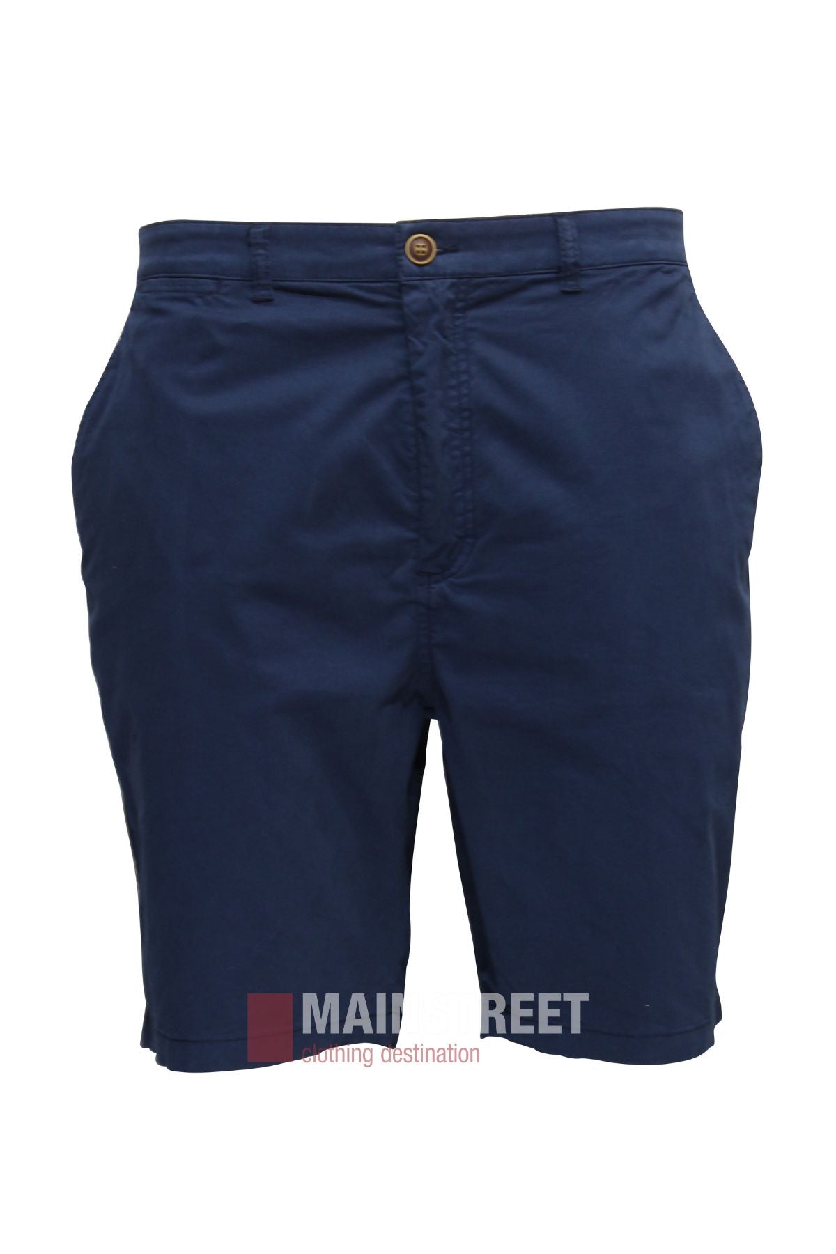The Bridgeport Le Short Stretch Comfort Fit, in navy blue cotton spandex with button and zip closure, front pockets, and belt loops, offers stretch comfort for everyday wear—shown on a white background.