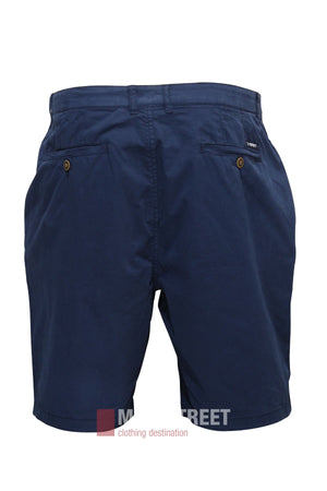 A pair of Bridgeport Le Short Stretch Comfort Fit in navy blue for men, shown from the back with two buttoned back pockets and a small brand label above the right pocket.