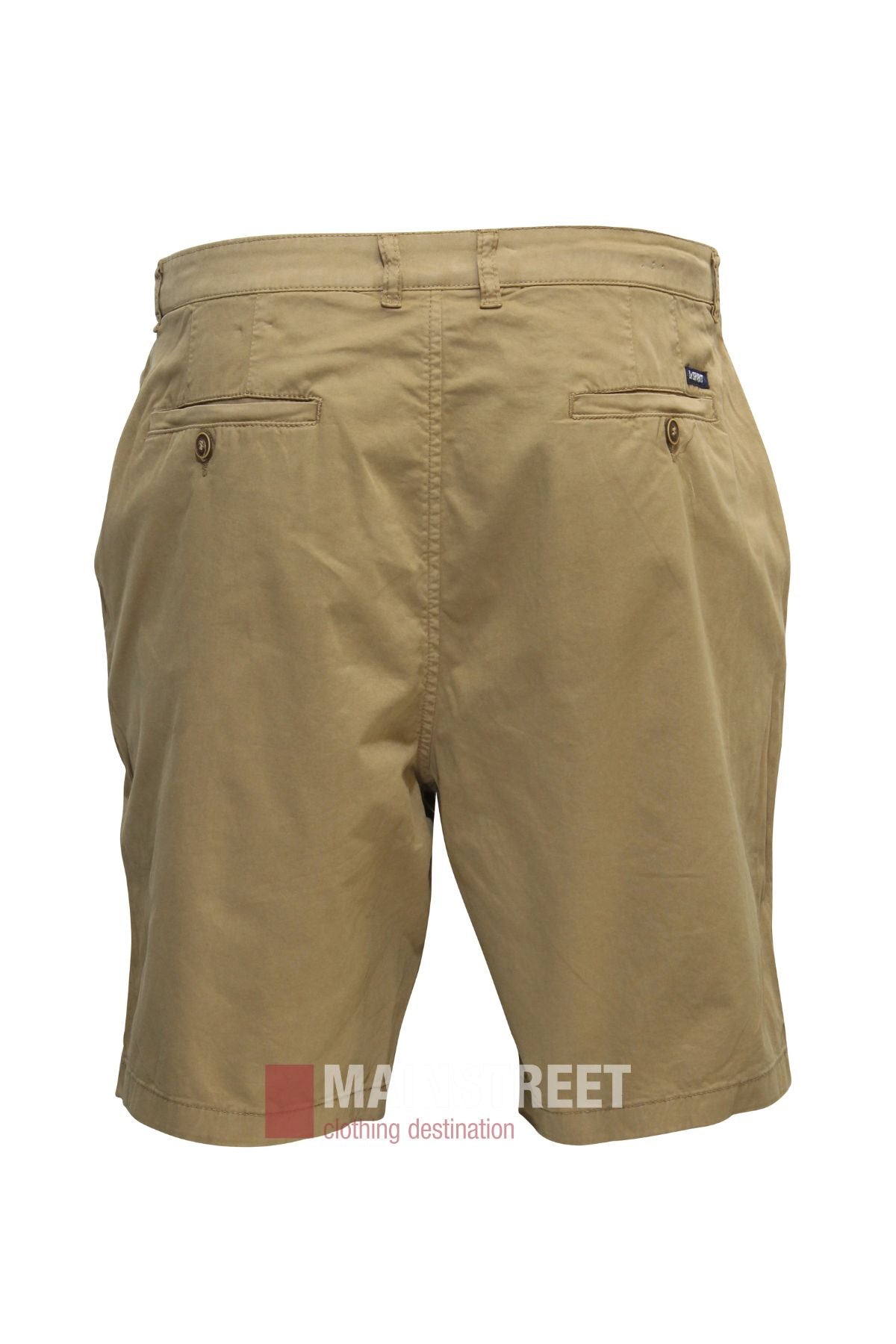 Back view of Bridgeport Le Short Stretch Comfort Fit in light brown khaki, featuring belt loops, two buttoned welt pockets, and a small brand tag above the right pocket—designed for everyday comfort.