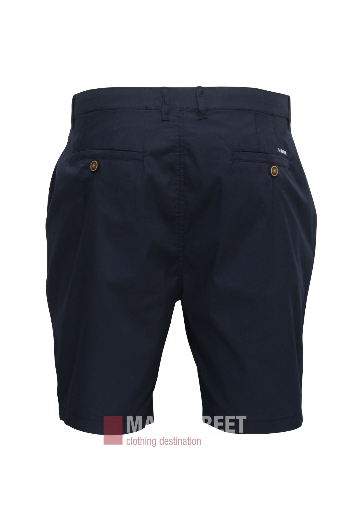 Bridgeport Le Short Super Lightweight in navy blue for men, shown from the back, features two buttoned back pockets and belt loops at the waist.