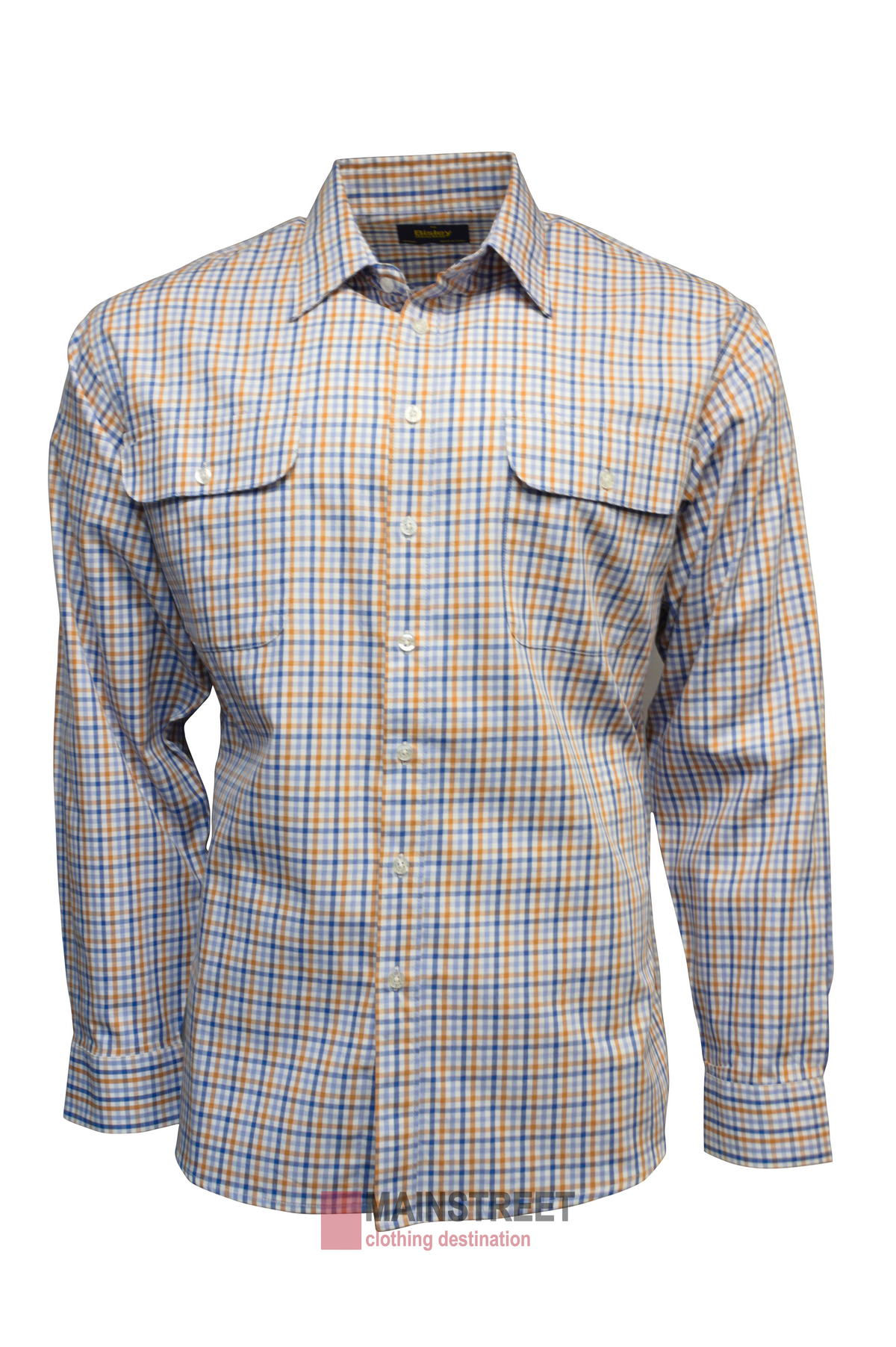 The Bisley Countryman Cotton Shirt offers generous sizing with a blue, orange, and white check pattern. It includes long sleeves, a classic collar, and two button-flap chest pockets for added style.
