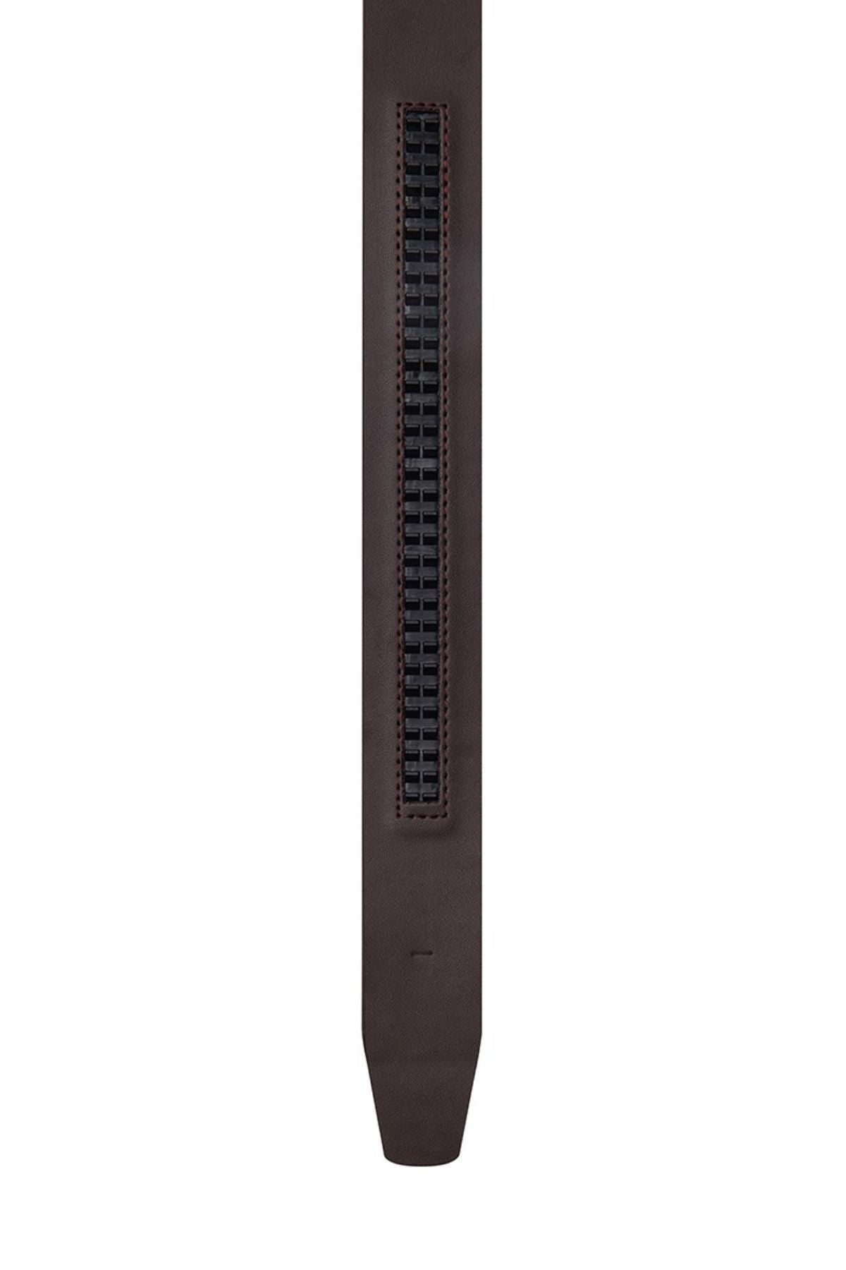 A close-up of the Buckle 5010 Foreman Auto Club Belt showcases its genuine brown leather finish and central black ratchet track, highlighting the pointed end of this adjustable belt.