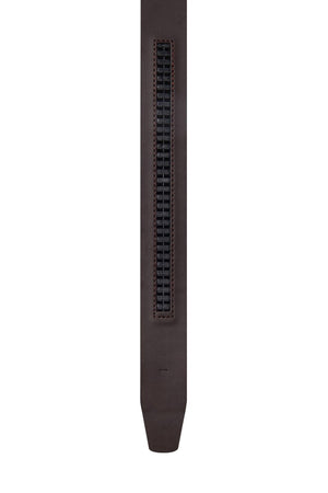A close-up of the Buckle 5010 Foreman Auto Club Belt showcases its genuine brown leather finish and central black ratchet track, highlighting the pointed end of this adjustable belt.