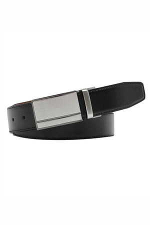The Buckle 5519 Heritage 35mm Reversible Leather Belt, featuring black leather and a modern rectangular silver buckle, is coiled in a loop on a white background.
