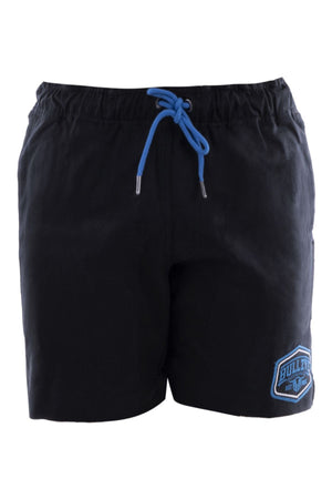 The Bullzye Drew Ruggers are black cotton twill athletic shorts with an elastic waistband, blue drawstring, and a blue "BULL" logo patch on the lower left leg. They offer a simple, casual design for durable comfort.