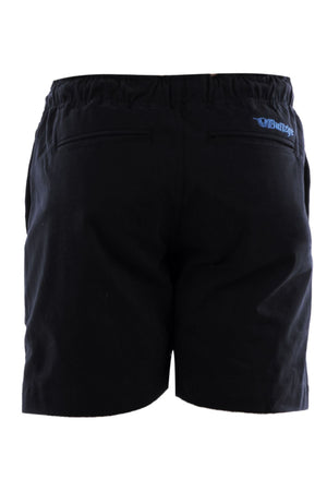Bullzye Drew Ruggers shorts shown from the back with an elastic waistband, two horizontal back pockets, and a small blue embroidered logo on the upper right.