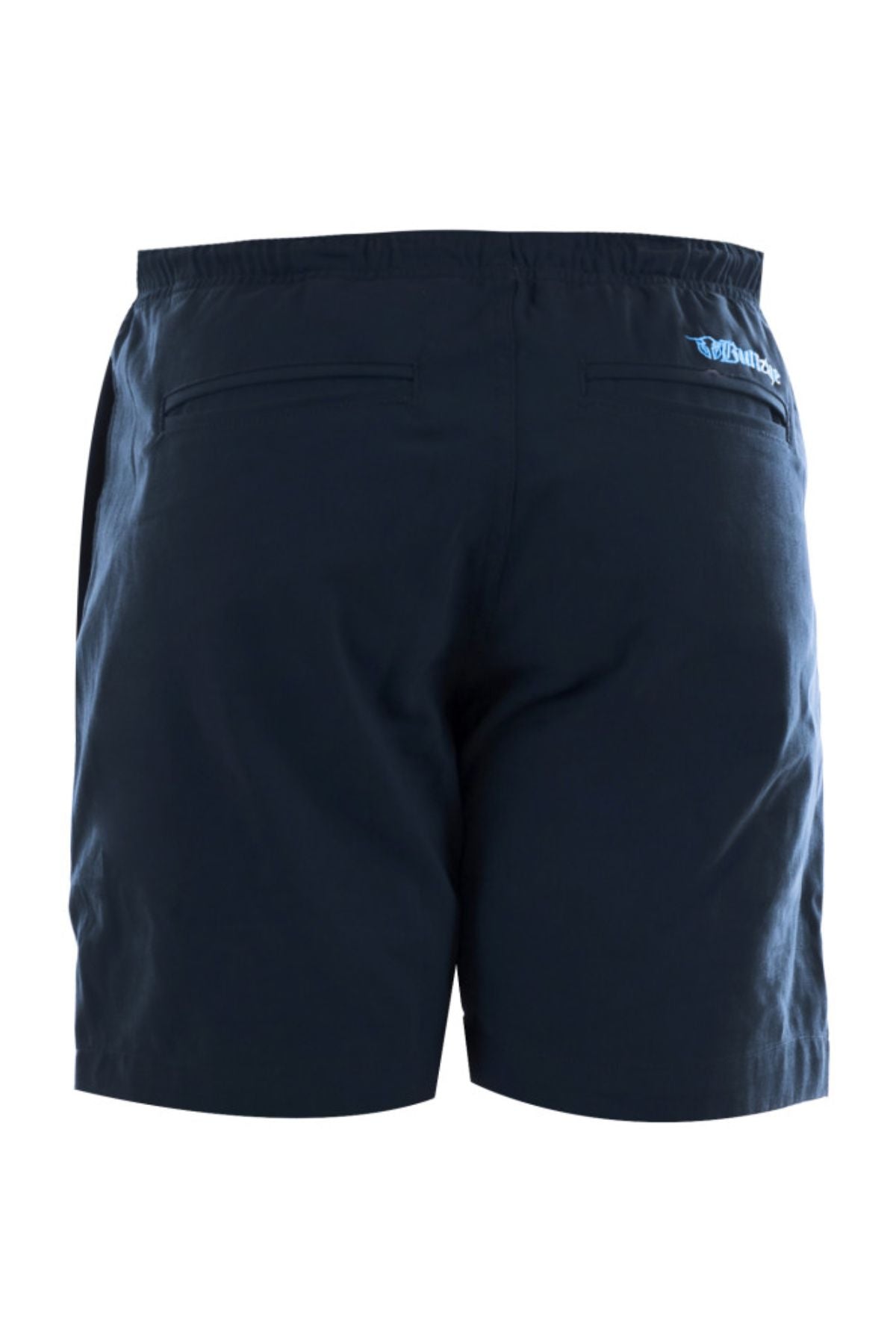 The Bullzye Drew Ruggers shorts in navy blue are shown from the back, featuring two back pockets and an embroidered blue and white Bullzye logo patch on the upper right side.