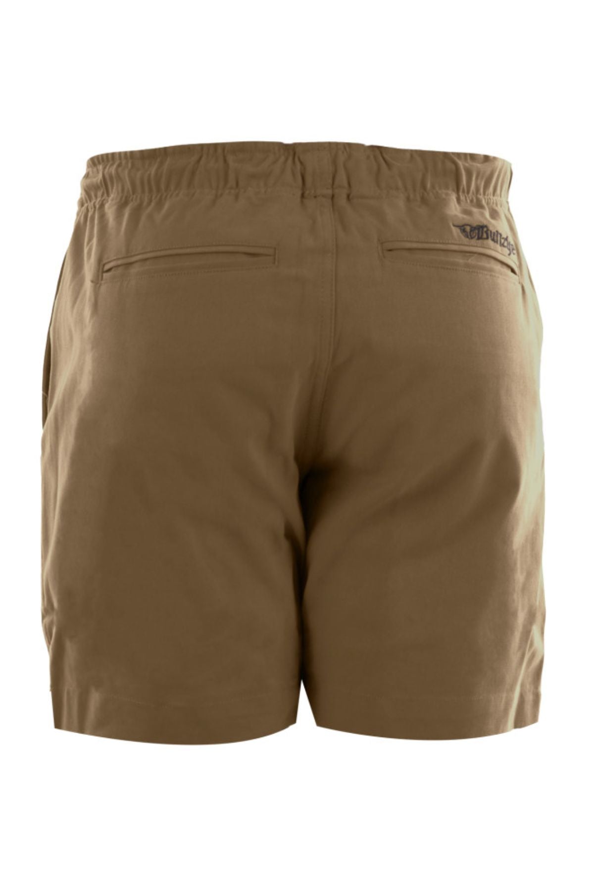 A back view of Bullzye Drew Ruggers shorts in brown, featuring an elastic waistband, two back welt pockets, and a small embroidered logo on the right.
