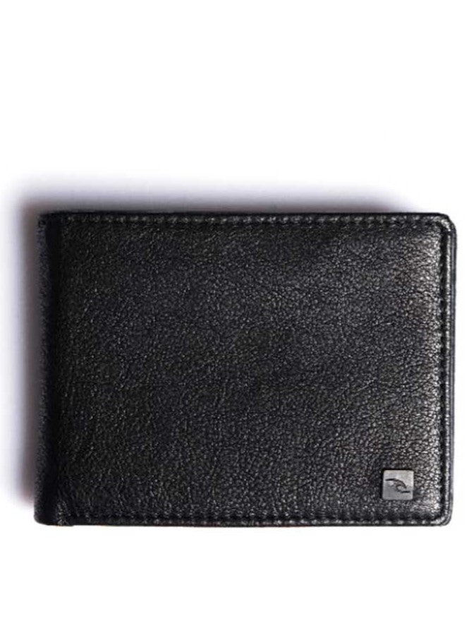 The Rip Curl K-Roo RFID 2 in 1 Wallet is crafted from black kangaroo leather with a textured finish, features a small metallic logo at the bottom right, offers RFID protection, and is photographed against a white background.