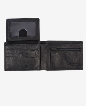 The Rip Curl K-Roo RFID 2 in 1 Wallet, crafted from black kangaroo leather, is shown open against a white background, revealing card slots, an ID window, a zippered compartment, a bill section, and RFID protection.